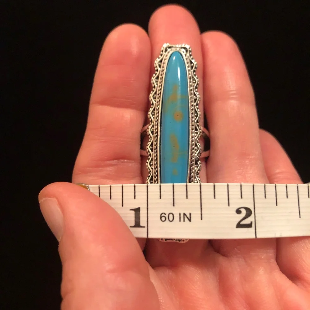 Silver Tone and Blue Faux Turquoise Statement Ring